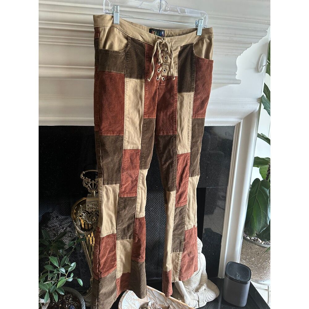 dELiA*s x Dolls Kill Corduroy Patchwork Flare Pants - Earth Tone Lace-Up XL - Picture 2 of 7